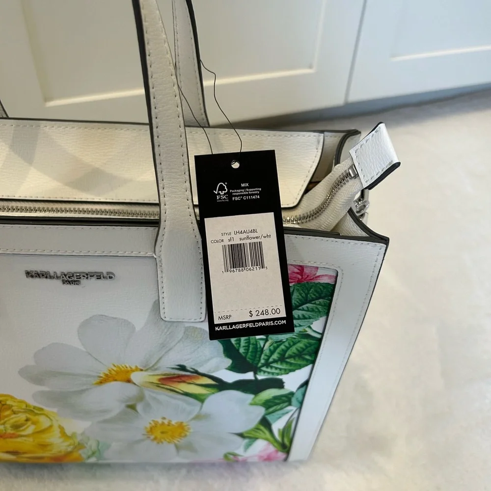 *New* Karl Lagerfeld Paris Floral Printed Tote Bag White Sunflower - Picture 7 of 17
